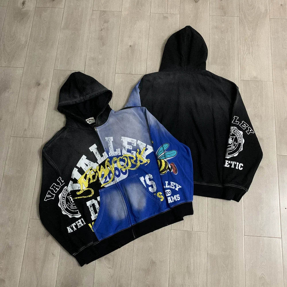 Vale Forever "Valley Dreams Split" Vintage Zip-Up Hoodie (Black/Blue)
